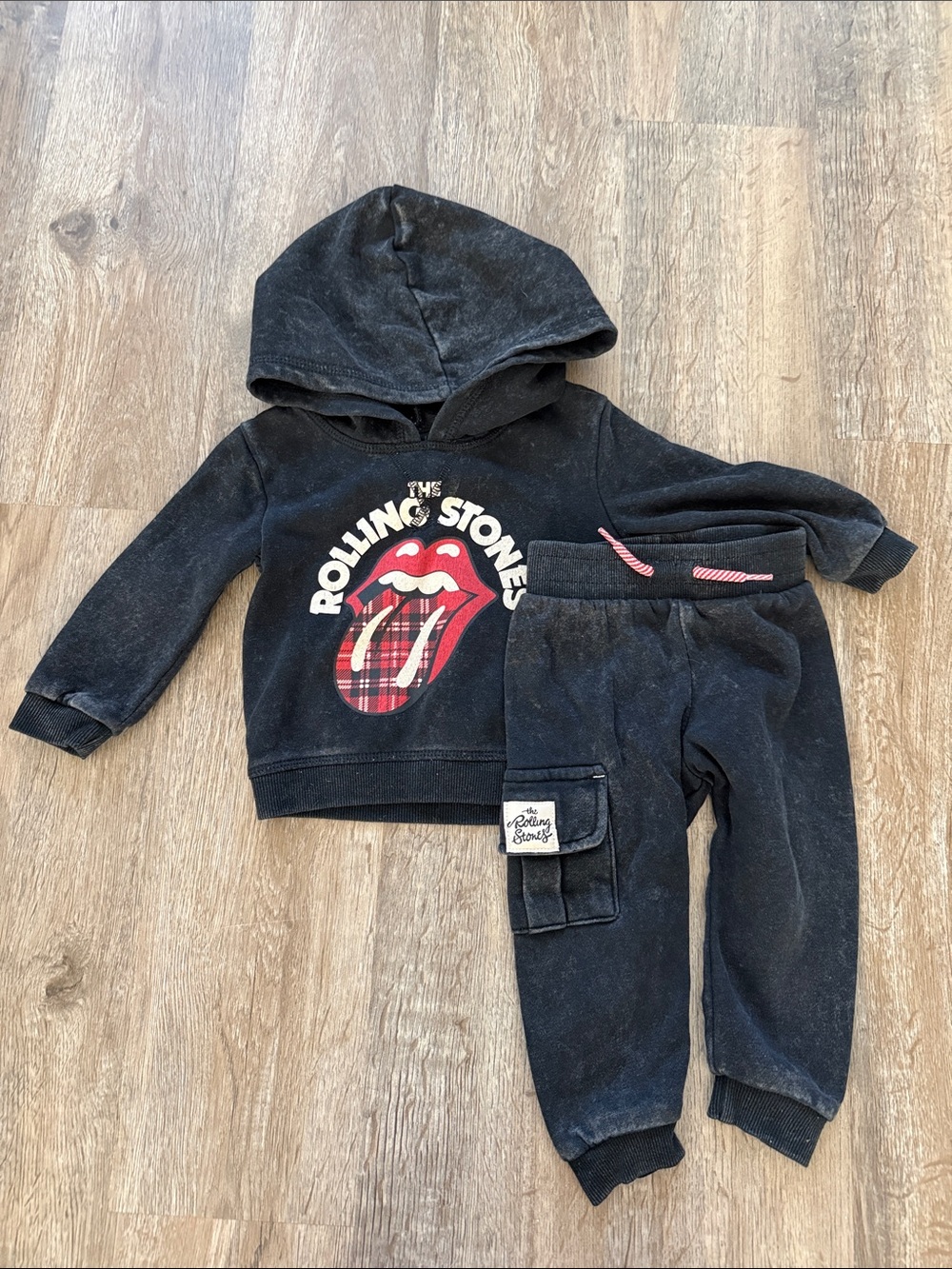the Rolling Stones Kids Black Hoodie & Jogger Set with Red Plaid Tongue Graphic
